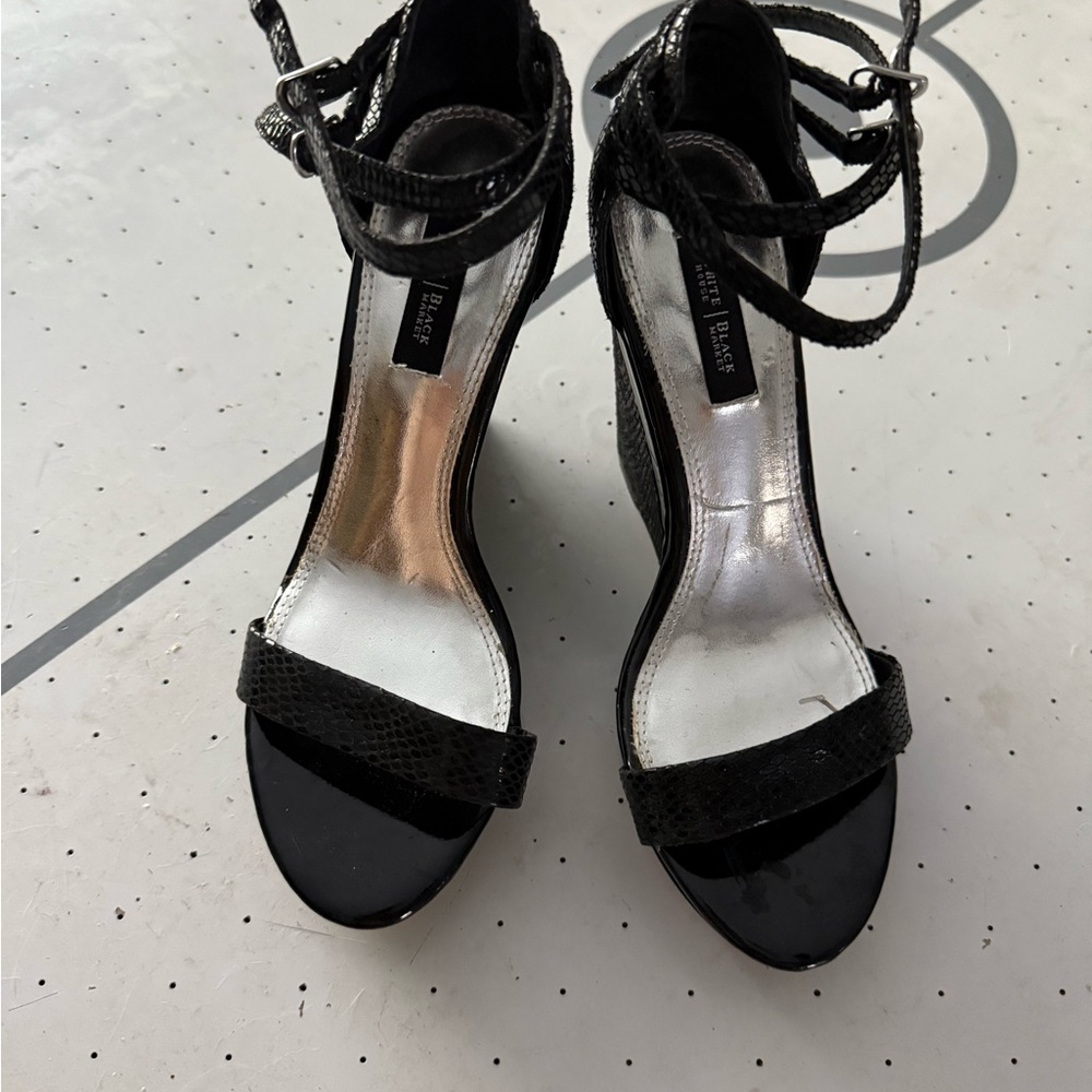 White House Black Market Black Ankle-Strap Patent and Textured Heels